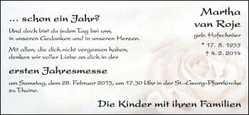 Traueranzeige von Martha van Roje von Neue Osnabrücker Zeitung GmbH & Co. KG