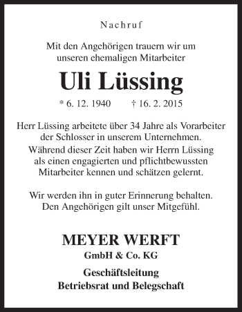 Traueranzeige von Uli Lüssing von Neue Osnabrücker Zeitung GmbH & Co. KG