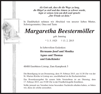 Traueranzeige von Margaretha Beestermöller von Neue Osnabrücker Zeitung GmbH & Co. KG