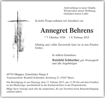 Traueranzeige von Annegret Behrens von Neue Osnabrücker Zeitung GmbH & Co. KG