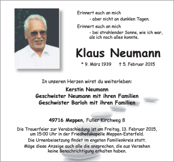 Traueranzeige von Klaus Neumann von Neue Osnabrücker Zeitung GmbH & Co. KG