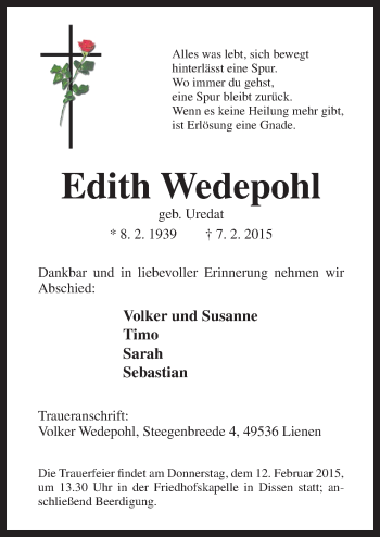Traueranzeige von Edith Wedepohl von Neue Osnabrücker Zeitung GmbH & Co. KG