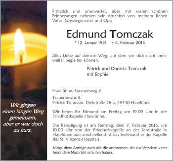 Traueranzeige von Edmund Tomczak von Neue Osnabrücker Zeitung GmbH & Co. KG