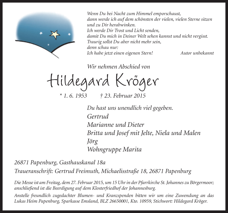  Traueranzeige für Hildegard Kröger vom 25.02.2015 aus Neue Osnabrücker Zeitung GmbH & Co. KG