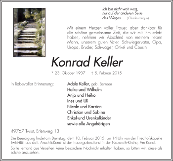 Traueranzeige von Konrad Keller von Neue Osnabrücker Zeitung GmbH & Co. KG