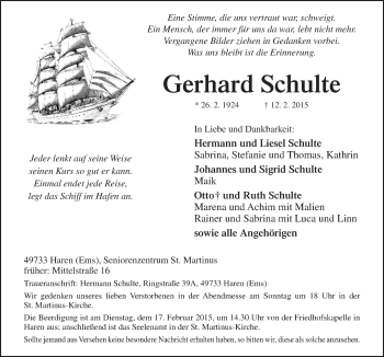 Traueranzeige von Gerhard Schulte von Neue Osnabrücker Zeitung GmbH & Co. KG