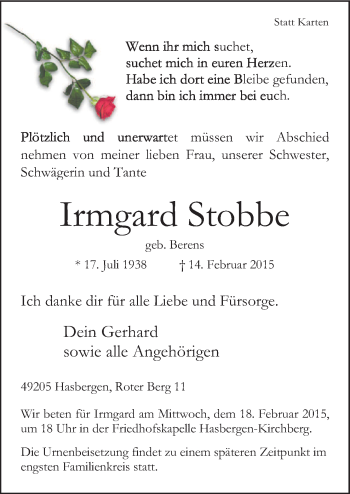 Traueranzeige von Irmgard Stobbe von Neue Osnabrücker Zeitung GmbH & Co. KG