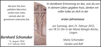 Traueranzeige von Bernhard Schomaker von Neue Osnabrücker Zeitung GmbH & Co. KG