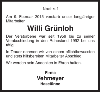 Traueranzeige von Willi Grünloh von Neue Osnabrücker Zeitung GmbH & Co. KG