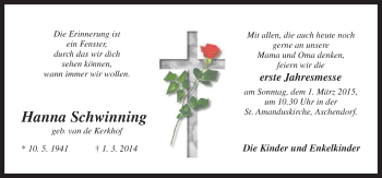 Traueranzeige von Hanna Schwinning von Neue Osnabrücker Zeitung GmbH & Co. KG