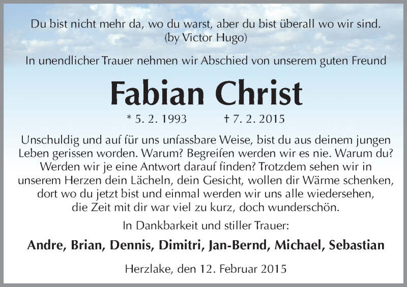  Traueranzeige für Fabian Christ vom 12.02.2015 aus Neue Osnabrücker Zeitung GmbH & Co. KG