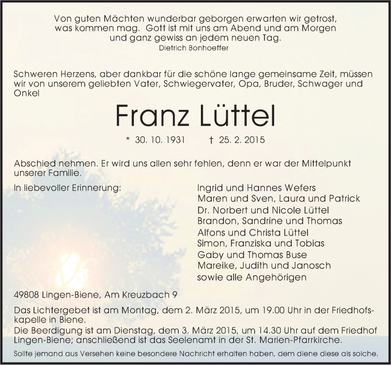  Traueranzeige für Franz Lüttel vom 28.02.2015 aus Neue Osnabrücker Zeitung GmbH & Co. KG