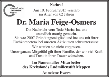 Traueranzeige von Maria Feige-Osmers von Neue Osnabrücker Zeitung GmbH & Co. KG