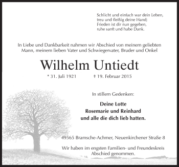 Traueranzeige von Wilhelm Untiedt von Neue Osnabrücker Zeitung GmbH & Co. KG