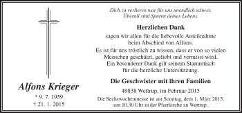 Traueranzeige von Alfons Krieger von Neue Osnabrücker Zeitung GmbH & Co. KG