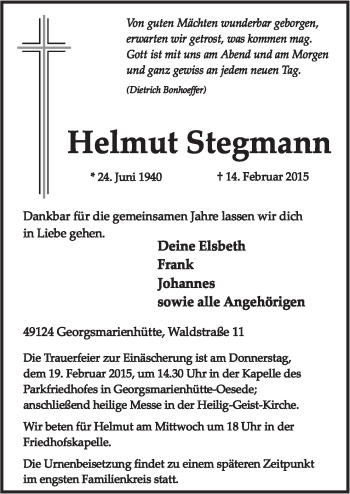 Traueranzeige von Helmut Stegmann von Neue Osnabrücker Zeitung GmbH & Co. KG