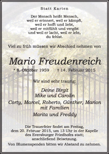 Traueranzeige von Mario Freudenreich von Neue Osnabrücker Zeitung GmbH & Co. KG