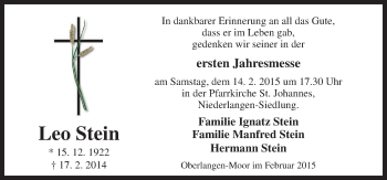 Traueranzeige von Leo Stein von Neue Osnabrücker Zeitung GmbH & Co. KG