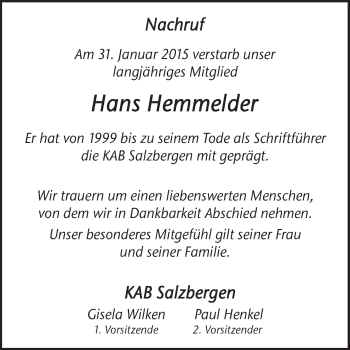 Traueranzeige von Hans Hemmelder von Neue Osnabrücker Zeitung GmbH & Co. KG