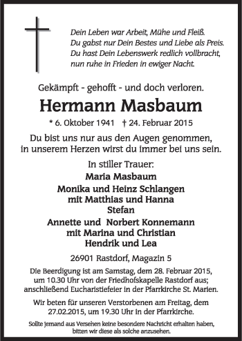 Traueranzeige von Hermann Masbaum von Neue Osnabrücker Zeitung GmbH & Co. KG