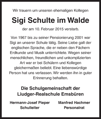 Traueranzeige von Sigi  Schulte im Walde von Neue Osnabrücker Zeitung GmbH & Co. KG