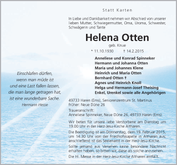 Traueranzeige von Helena Otten von Neue Osnabrücker Zeitung GmbH & Co. KG