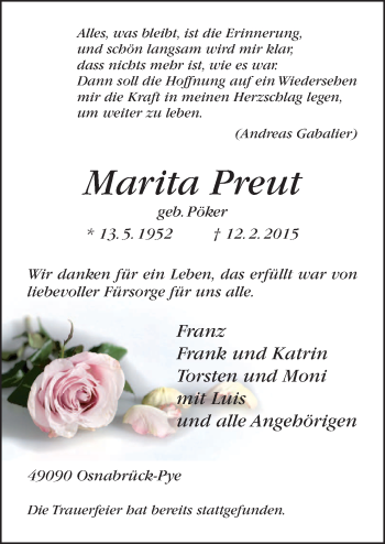Traueranzeige von Marita Preut von Neue Osnabrücker Zeitung GmbH & Co. KG