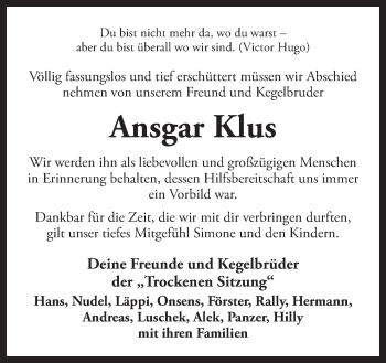 Traueranzeige von Ansgar Klus von Neue Osnabrücker Zeitung GmbH & Co. KG