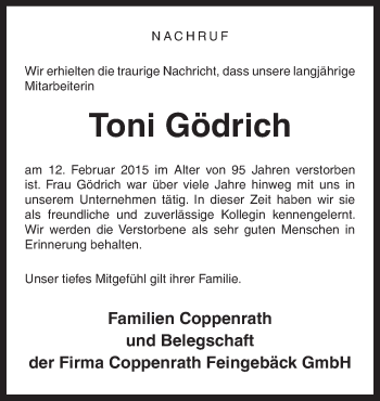 Traueranzeige von Toni Gödrich von Neue Osnabrücker Zeitung GmbH & Co. KG