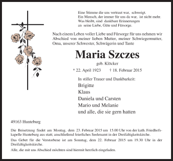 Traueranzeige von Maria Szczes von Neue Osnabrücker Zeitung GmbH & Co. KG