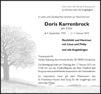 Traueranzeige von Doris Karrenbrock von Neue Osnabrücker Zeitung GmbH & Co. KG