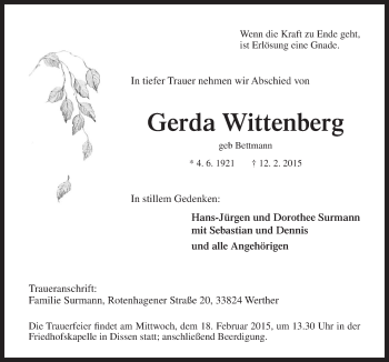Traueranzeige von Gerda Wittenberg von Neue Osnabrücker Zeitung GmbH & Co. KG