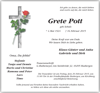 Traueranzeige von Grete Pott von Neue Osnabrücker Zeitung GmbH & Co. KG