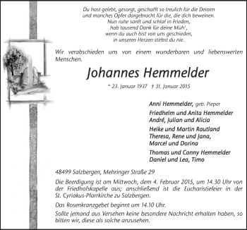 Traueranzeige von Johannes Hemmelder von Neue Osnabrücker Zeitung GmbH & Co. KG