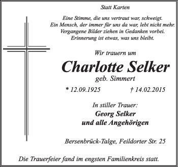 Traueranzeige von Charlotte Selker von Neue Osnabrücker Zeitung GmbH & Co. KG