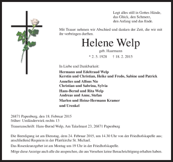 Traueranzeige von Helene Welp von Neue Osnabrücker Zeitung GmbH & Co. KG