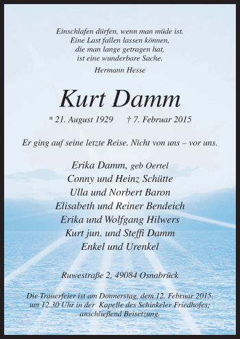 Traueranzeige von Kurt Damm von Neue Osnabrücker Zeitung GmbH & Co. KG