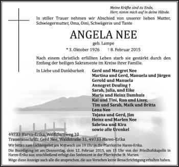 Traueranzeige von Angela Nee von Neue Osnabrücker Zeitung GmbH & Co. KG