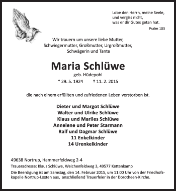 Traueranzeige von Maria Schlüwe von Neue Osnabrücker Zeitung GmbH & Co. KG