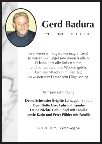 Traueranzeige von Gerd Badura von Neue Osnabrücker Zeitung GmbH & Co. KG