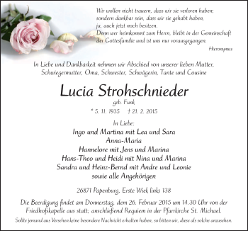 Traueranzeige von Lucia Strohschnieder von Neue Osnabrücker Zeitung GmbH & Co. KG