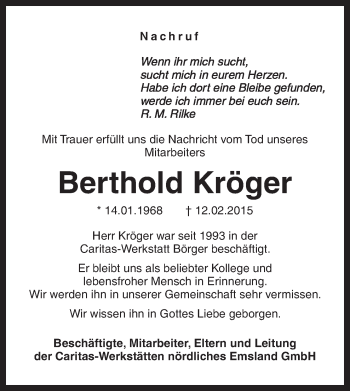 Traueranzeige von Berthold Kröger von Neue Osnabrücker Zeitung GmbH & Co. KG