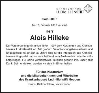 Traueranzeige von Alois Hilleke von Neue Osnabrücker Zeitung GmbH & Co. KG