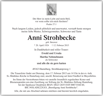Traueranzeige von Anni Strohhecke von Neue Osnabrücker Zeitung GmbH & Co. KG