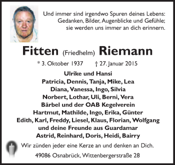 Traueranzeige von Fitten Friedhelm Riemann von Neue Osnabrücker Zeitung GmbH & Co. KG