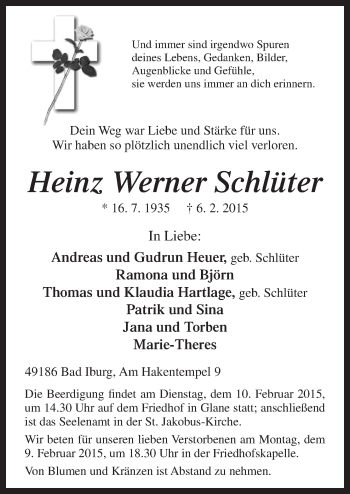 Traueranzeige von Heinz Werner Schlüter von Neue Osnabrücker Zeitung GmbH & Co. KG