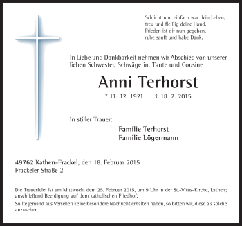 Traueranzeige von Anni Terhorst von Neue Osnabrücker Zeitung GmbH & Co. KG