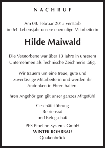 Traueranzeige von Hilde Maiwald von Neue Osnabrücker Zeitung GmbH & Co. KG