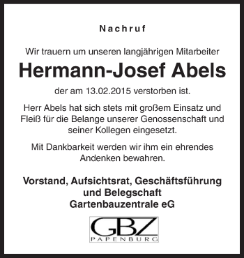 Traueranzeige von Hermann-Josef Abels von Neue Osnabrücker Zeitung GmbH & Co. KG