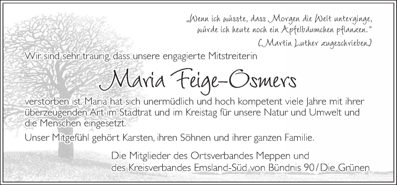  Traueranzeige für Maria Feige-Osmers vom 14.02.2015 aus Neue Osnabrücker Zeitung GmbH & Co. KG